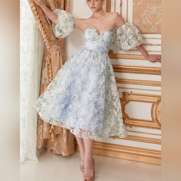 Tea length organza floral print strapless gown with lace up back - Picture 1 of 7